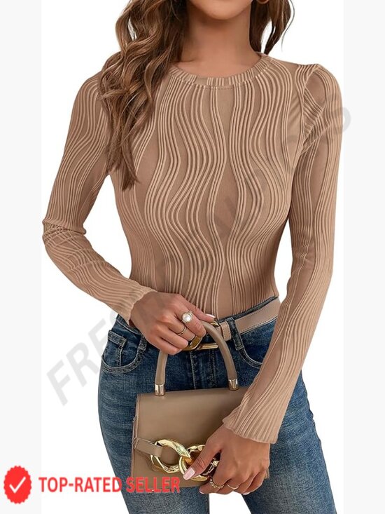 Tops - Long Sleeve Crewneck Blouse Fitted Textured Knit T Shirt Y2K Chic Top